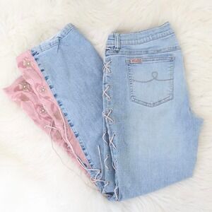 Mudd Y2K Lace-Up Side Flare Jeans with Pink Floral Inset – Size 14½ Plus